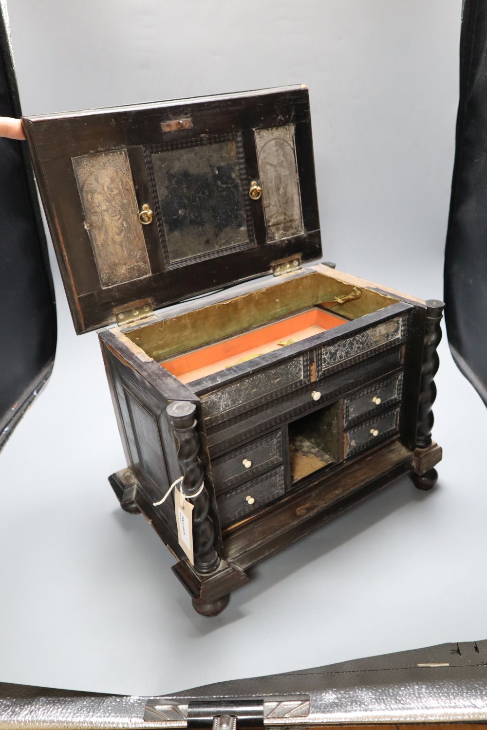 An 18th/19th century Continental ebony veneered table cabinet of drawers (modified)